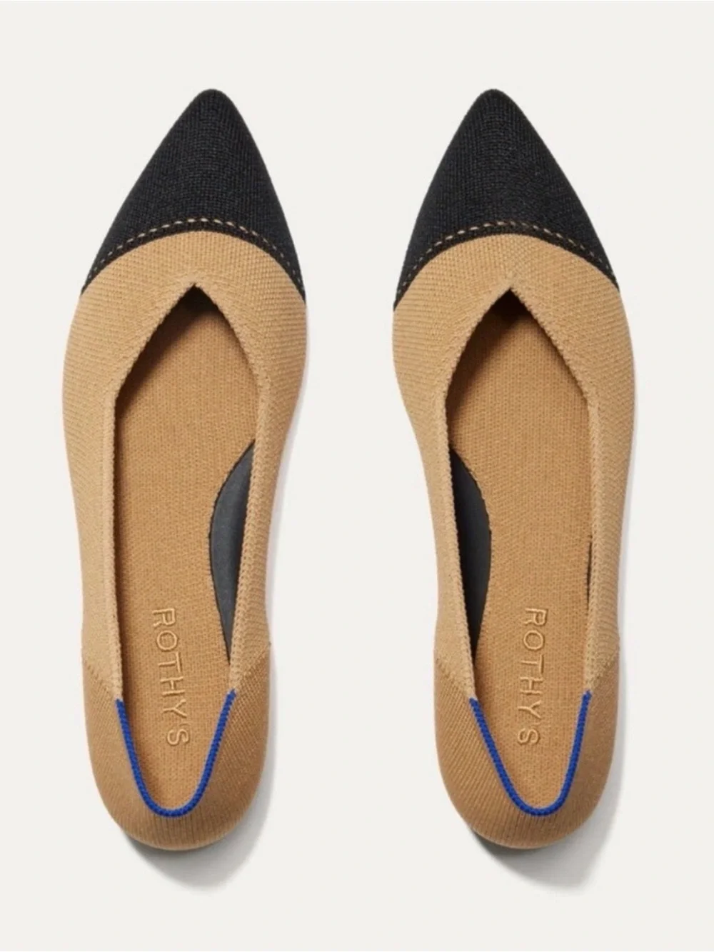Rothy's Camel Knit Pointed Toe Flats with Black Cap